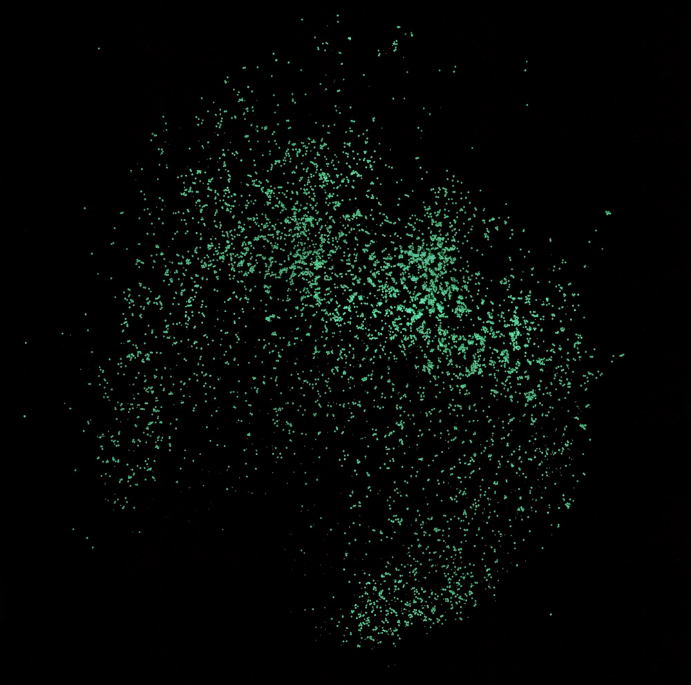 Fluorescent-dosed plastic particles, 38 – 45 microns. Image made with ultraviolet excitation. Image courtesy of an explosives detection company.